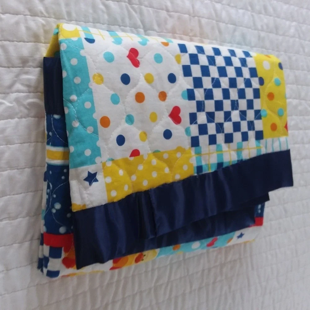 Handmade Baby Quilt Duck Patchwork Blanket Satin Trim Play Mat Blue Yellow 45x28